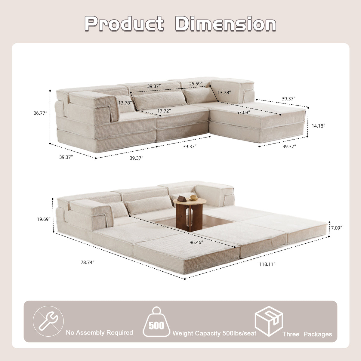Compression Mahjong Sofa, Convertible Floor Sofa Bed, DIY Boneless Modular Sectional Sofa, No Assembly Required, Circle fleece fabric – Model W3723S00023