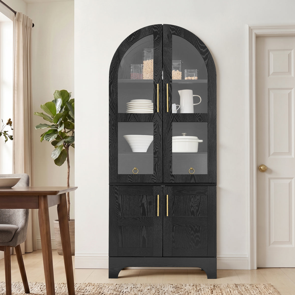 77' High Arched Kitchen Cabinet with Door Panels and Shelves,   Hidden Drawers and Glass Doors, with Side Spice Rack Inside, Suitable for Kitchen, Black