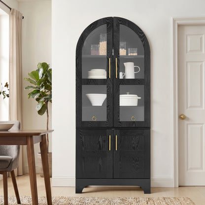 77' High Arched Kitchen Cabinet with Door Panels and Shelves,   Hidden Drawers and Glass Doors, with Side Spice Rack Inside, Suitable for Kitchen, Black