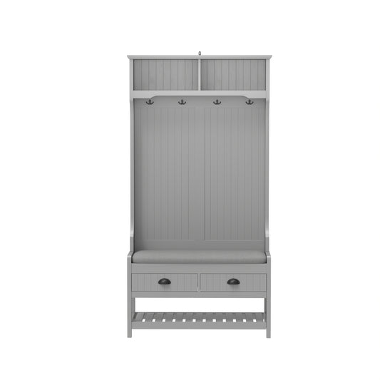 Modern Grey 3-in-1 Hallway Hall Tree with Storage Drawers, Coat Rack, Shoe Rack Bench, and Cushion