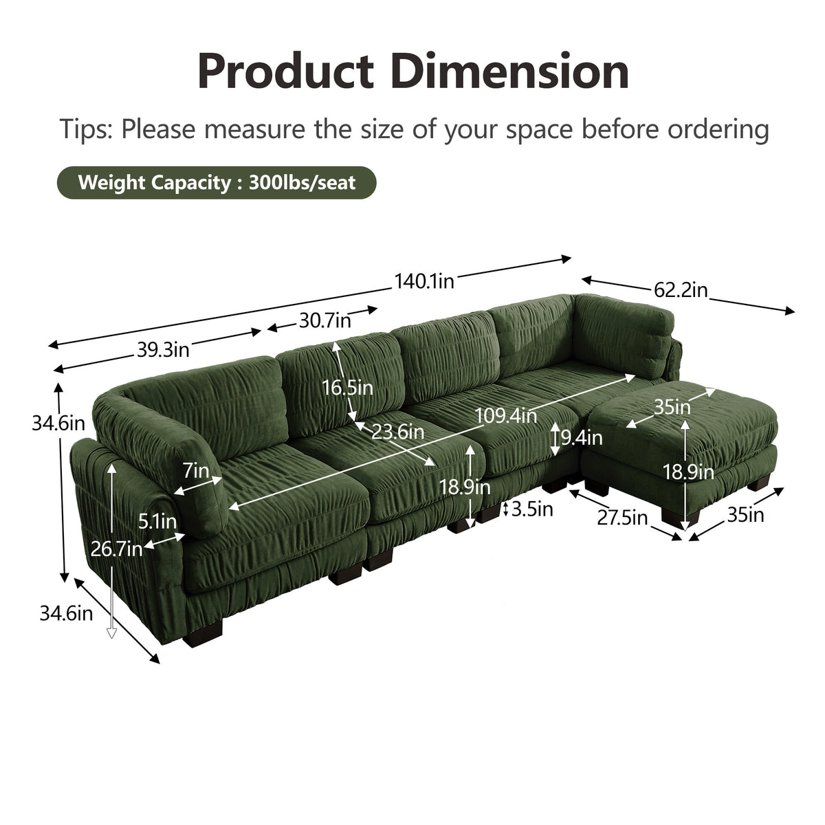 4 Seat Ruched Detailing Chenille Modular Sectional Sofa,Movable Ottoman,High-Density Foam,L Shape Thickened  Back Cushions,Easy Assembly,For Living Room,Bedroom,Green