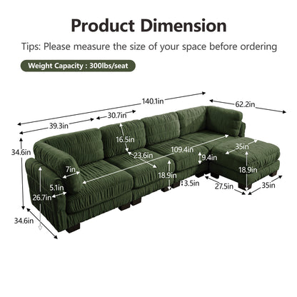 4 Seat Ruched Detailing Chenille Modular Sectional Sofa,Movable Ottoman,High-Density Foam,L Shape Thickened  Back Cushions,Easy Assembly,For Living Room,Bedroom,Green