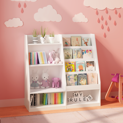Kids Bookshelf and Toy Storage Organizer, Multifunctional 4 Tier Wooden Kids Book Shelf with Bookcase Display Stand in Kids Room Playroom Nursery for Kids, Children, Toddlers (White)