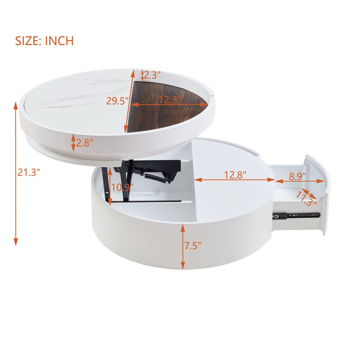 White Round Lift Coffee Table with 1 Drawer in 29.5', Marble Veneer and Wood Grain Tabletop