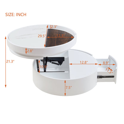 White Round Lift Coffee Table with 1 Drawer in 29.5', Marble Veneer and Wood Grain Tabletop