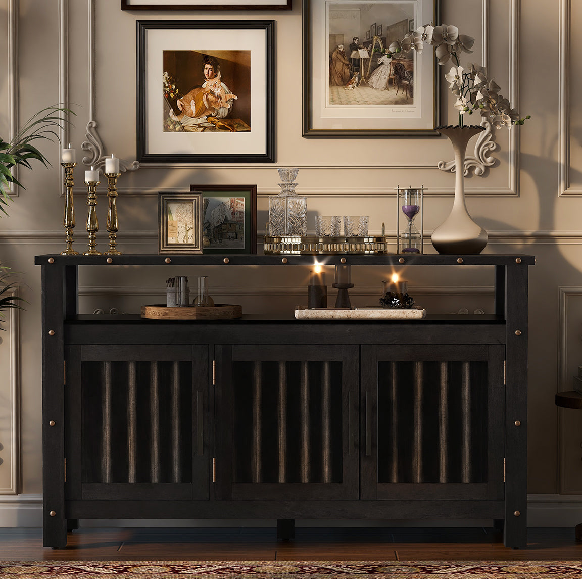 U_STYLED 55.1''Pine Wood Buffet Cabinet With 3-door Storage, Sideboard Cabinet with Dual Storage areas,Coffee Bar With Metal Handles And Exposed Metal Rivets For Dining Room, Kitchen, Living Room
