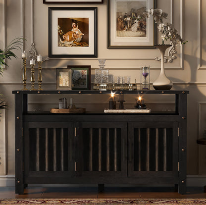 U_STYLED 55.1''Pine Wood Buffet Cabinet With 3-door Storage, Sideboard Cabinet with Dual Storage areas,Coffee Bar With Metal Handles And Exposed Metal Rivets For Dining Room, Kitchen, Living Room