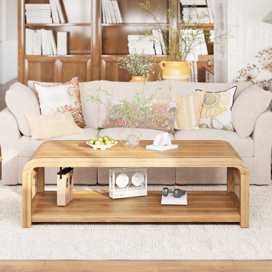 Curved Rectangular Coffee Table with Rattan Sides, 2-Tier Storage Wooden Center Table,Boho Farmhouse Low Tea Table,suitable for Living Room,Apartment, Home Decor,Natural