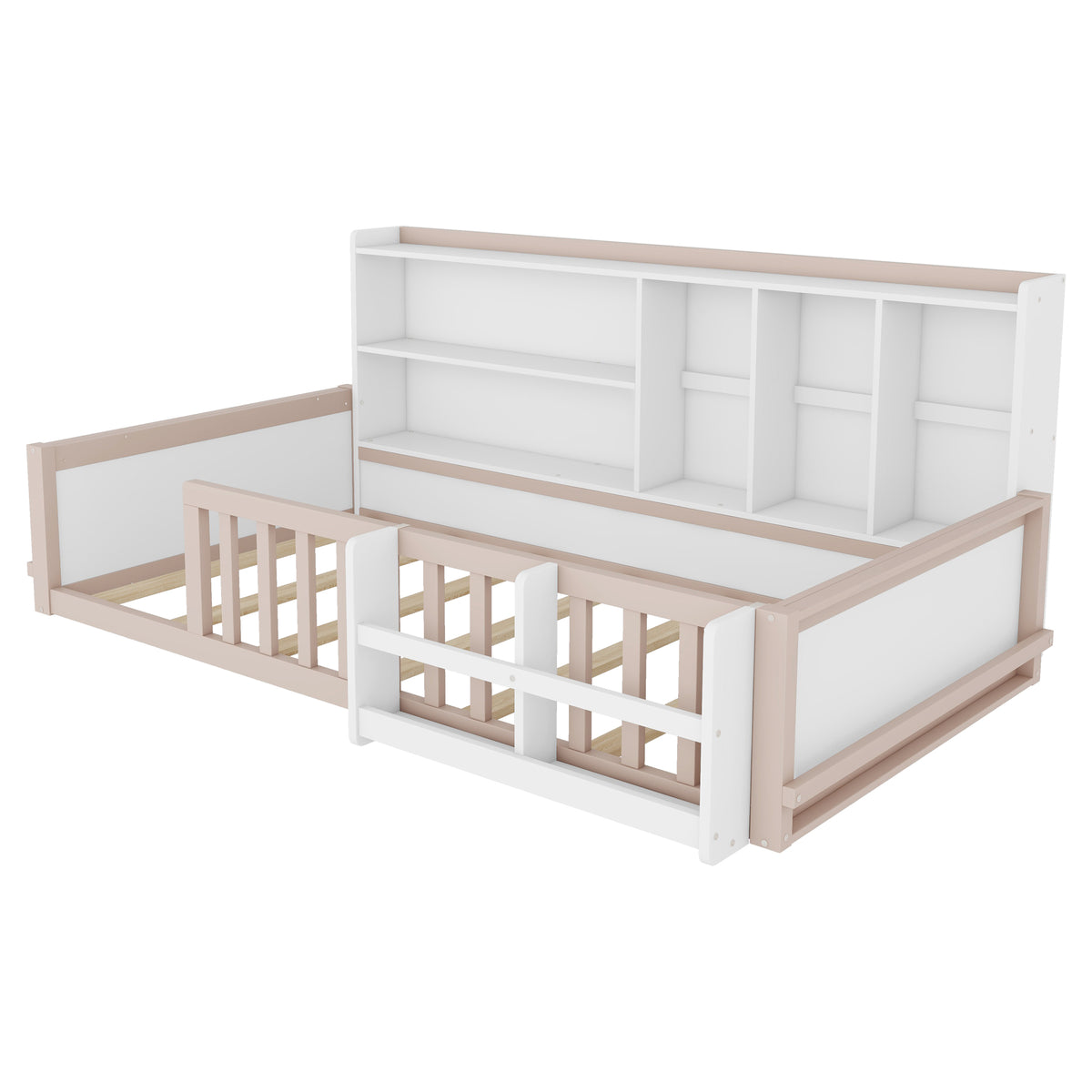 Twin Size Kids Wooden Platform Bed Frame with Guardrail Fence, Side Storage Shelves & Book Shelf, Space Saving Floor Bed,Nude and  White