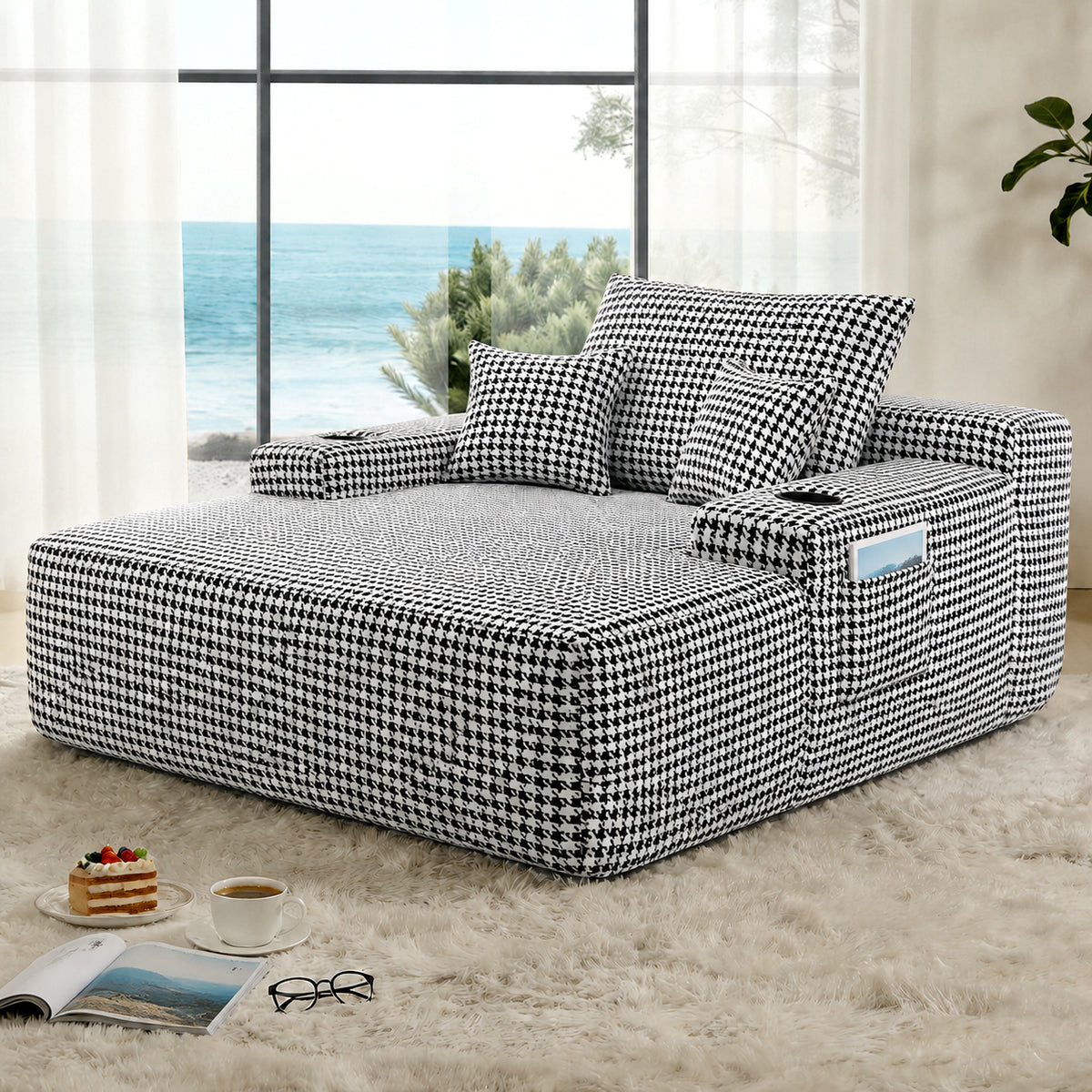 Convertible Chaise Lounge Chair Plush with Wide Armrest & Throw Pillows, Cozy Boneless Sleeper Sofa Bed Armchair, with cup holder,for Living Room, Bedroom, No Assembly Required,Black-White-Houndstooth