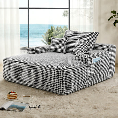 Convertible Chaise Lounge Chair Plush with Wide Armrest & Throw Pillows, Cozy Boneless Sleeper Sofa Bed Armchair, with cup holder,for Living Room, Bedroom, No Assembly Required,Black-White-Houndstooth