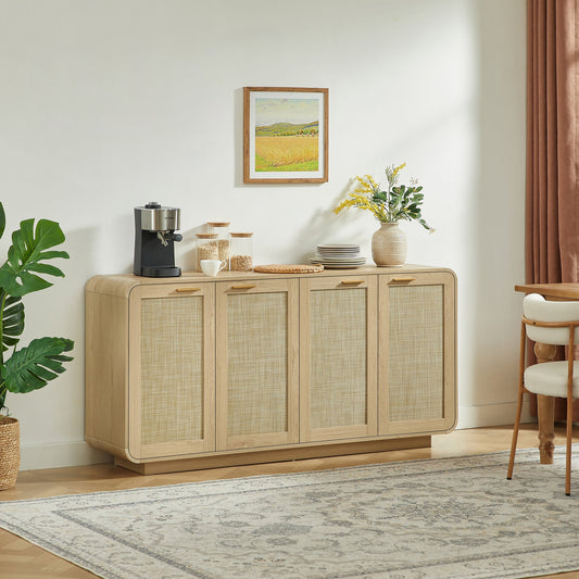 Rattan Storage Sideboard Buffet Cabinet with 4 Doors, Integrated Sturdy Base, Perfect for Living Room, Kitchen and Dining Room,Natural