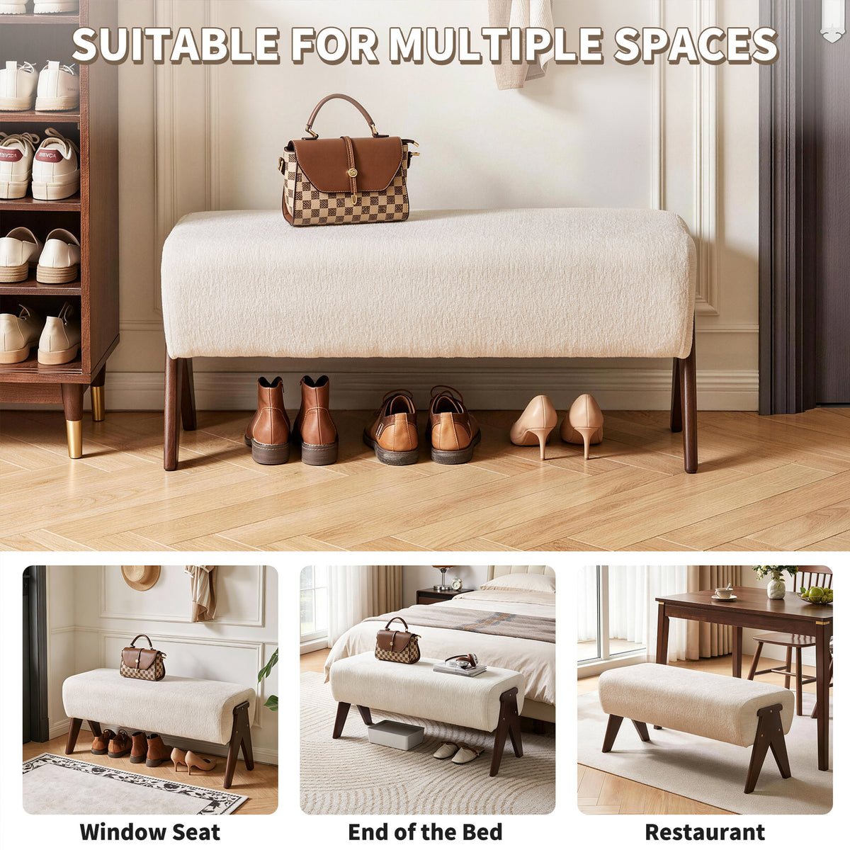 Modern Decorative Chenille Fabric Bench, Ergonomic Padded Entry Bench with Solid Wood Legs, Upholstered Ottoman Bench for Foyer Bedroom Living Space