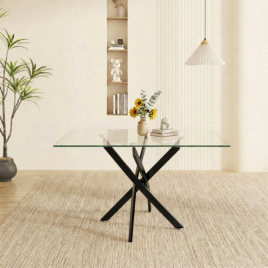 Rectangular Dining Table,47.24" Glass Dining Table with Black Legs, Modern Kitchen Table for Home Kitchen, Dining Room