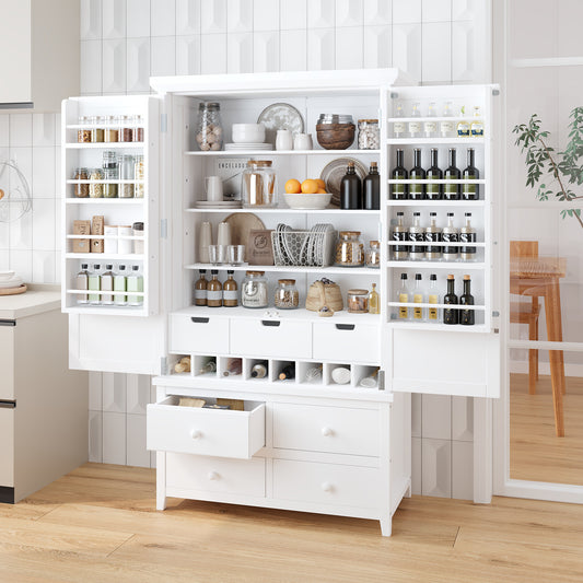 [Assembly&Show Video Available] TOPMAX Freestanding Large Kitchen Pantry Wooden Kitchen Storage Cabinet Cupboard with 8 Door Shelves – White