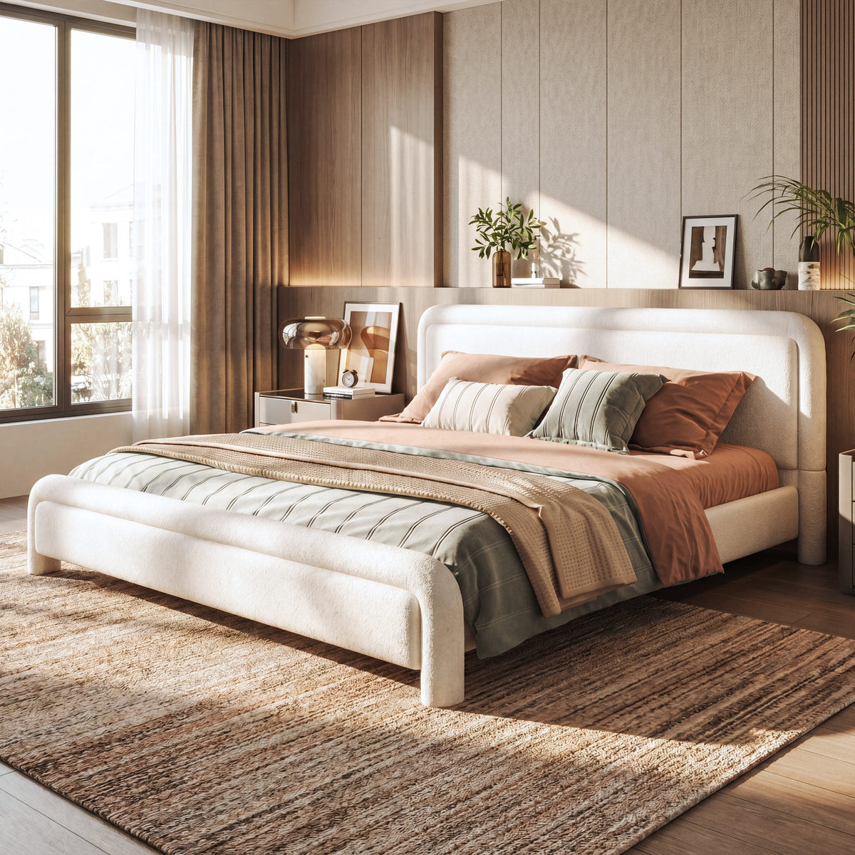 Modern White Boucle Upholstered King Size Platform Bed Frame with Curved Headboard, Wood Slats Support, No Box Spring Needed, Easy Assembly