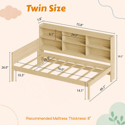 Twin Size Solid Wood Single Bed with Large Multi-compartment Storage Headboard Bookshelf, Simple Solid Wood Bed Frame, Multi-functional Storage Bed for Bedroom,Natural