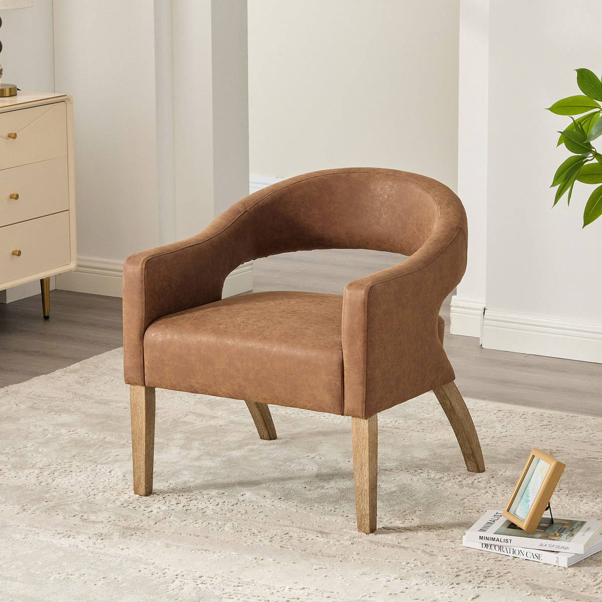 Modern Upholstered PU Open Back Accent Armchair Barrel Dining Chair with Weathered Rubberwood Legs, Hollow-Out Side Club Chair for Living Room Bedroom Restaurant Cafes Dining Room Reception,Brown