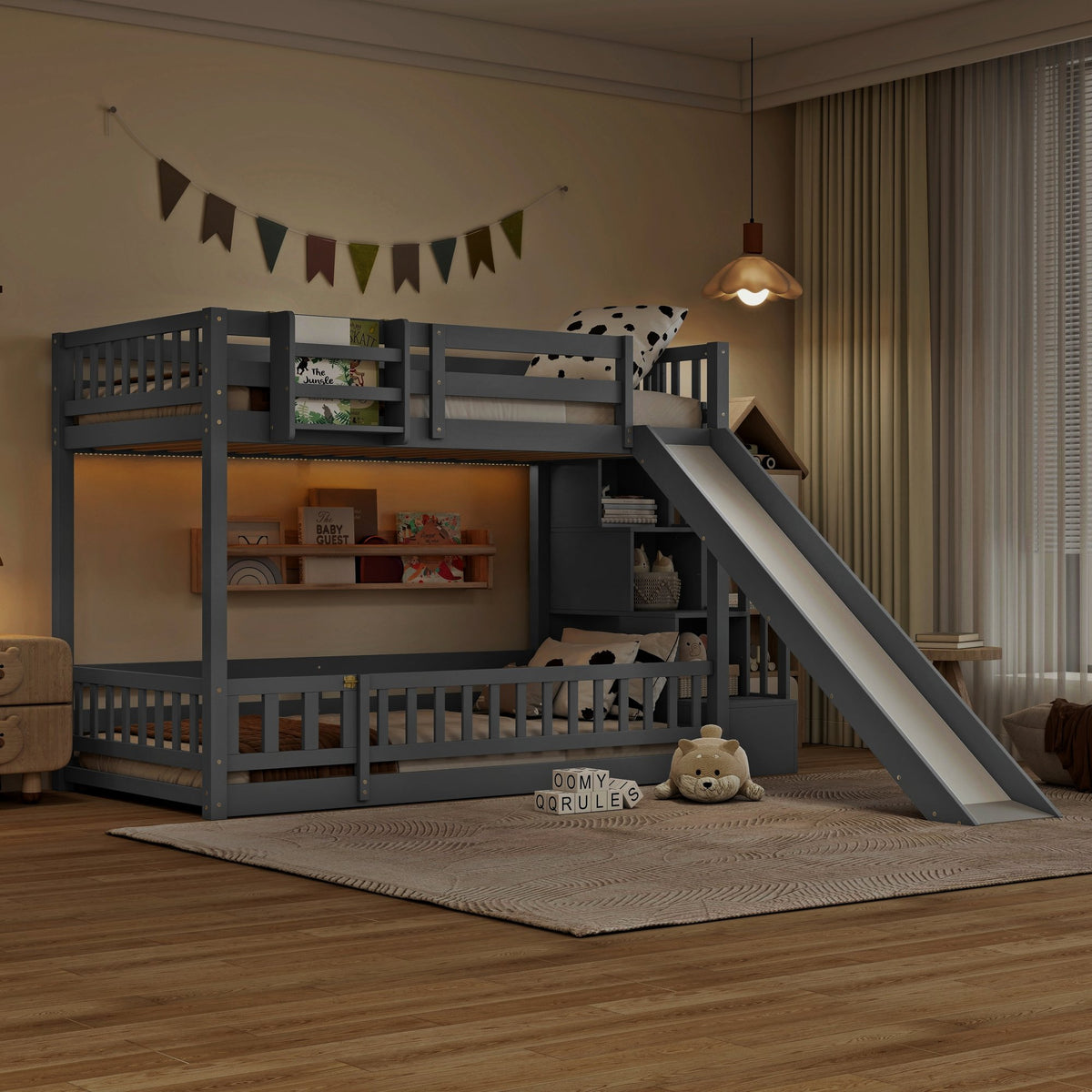 Twin Over twin Bunk Bed with Slide, Storage Staircase, Bedside Storage Rack,LED lights,Pine Solid Wooden Bunk Bed with Safety Guardrails ,Grey