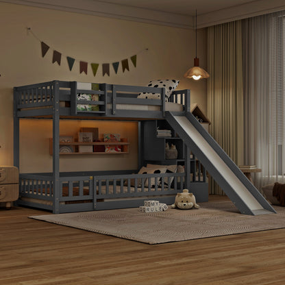 Twin Over twin Bunk Bed with Slide, Storage Staircase, Bedside Storage Rack,LED lights,Pine Solid Wooden Bunk Bed with Safety Guardrails ,Grey
