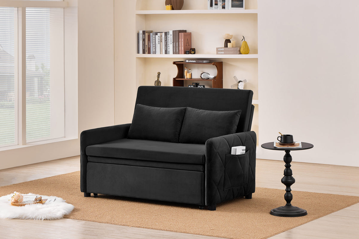 51.2' Velvet Convertible Sleeper Sofa Bed, 5-Position Adjustable Backrest Loveseat with Pull-Out Bed, Side Pocket, Multi-Functional 2-Seater Couch for Living Room, Apartment, Small Space