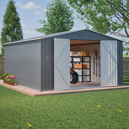 11x13 FT Metal Storage Shed with Reinforced Floor Frame Large 140.5 ft² Outdoor Garden Tool House Lockable Doors & 4 Air Vents Weatherproof