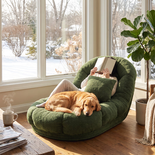 Modern Plush Convertible Floor Chair and Pet Bed in Green – Adjustable Reclining Lounger with Removable Pillow