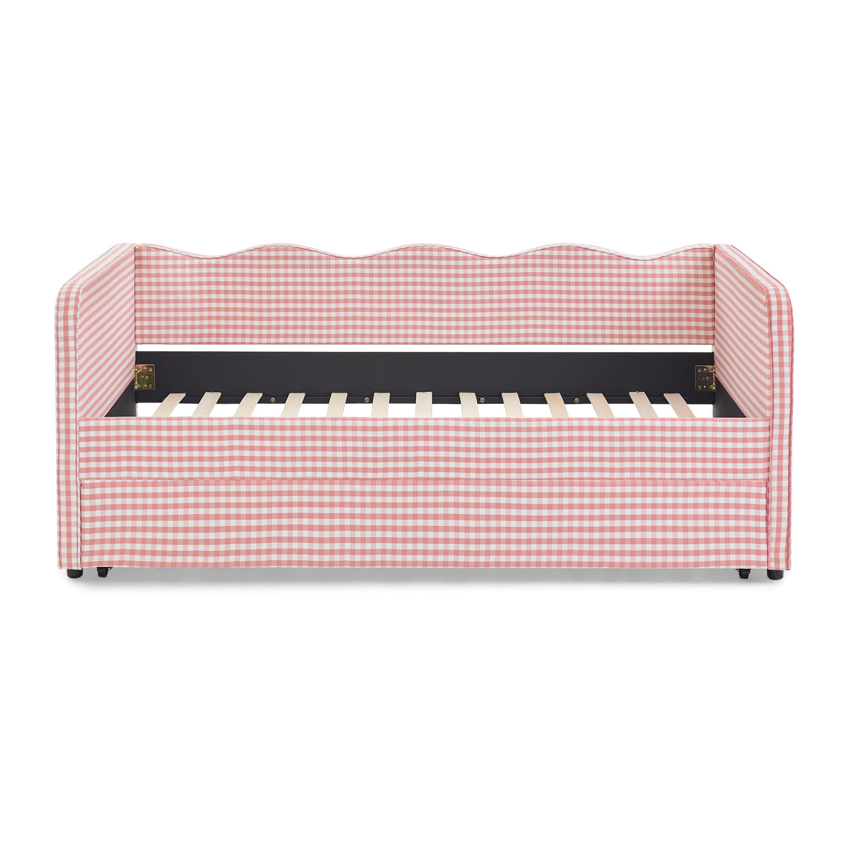 Twin‑Size Daybed, Gingham Upholstered 3‑in‑1 Versatile Convertible Sofa Bed with Pull‑Out Trundle & Side Storage Pockets, Ideal for Multiple Room Layouts and Small‑Space Living-Pink