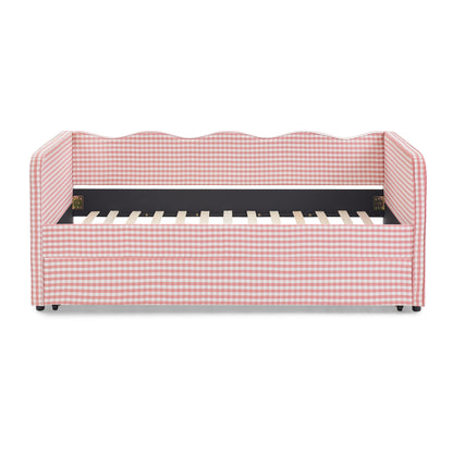 Twin‑Size Daybed, Gingham Upholstered 3‑in‑1 Versatile Convertible Sofa Bed with Pull‑Out Trundle & Side Storage Pockets, Ideal for Multiple Room Layouts and Small‑Space Living-Pink