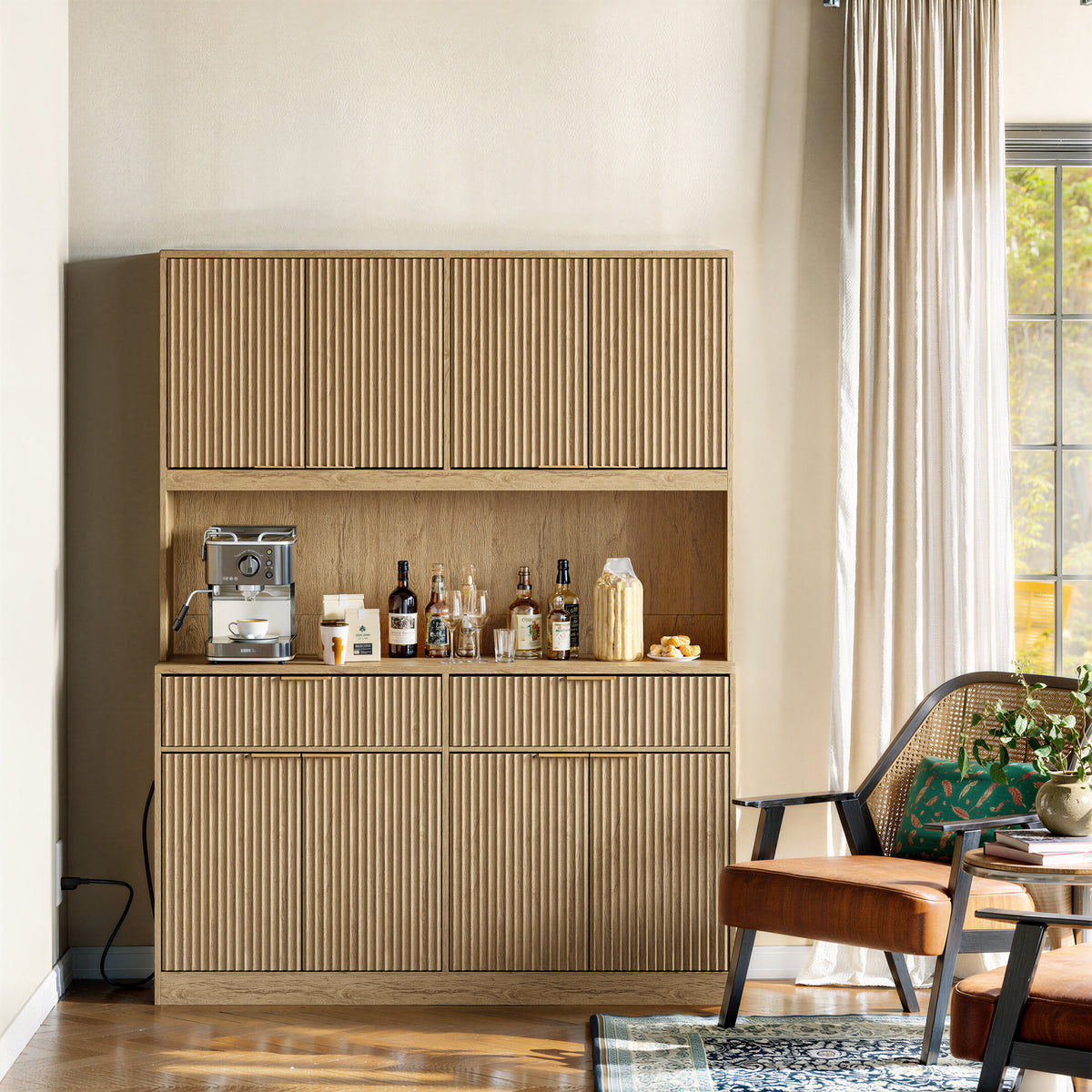 71" Tall Kitchen Pantry Cabinet with Power Outlet, Hollow Open Countertop, Modern Multi-Functional Storage Hutch Cabinet for Dining Room, Entryway and Living Room,Natural