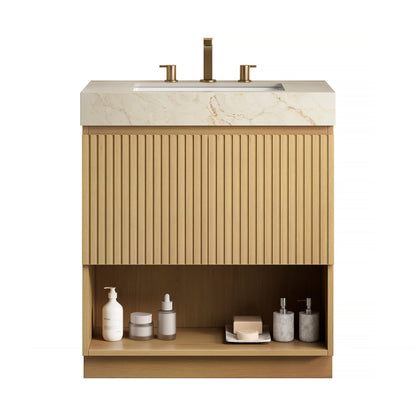 FINO 30" Bathroom Vanity&Sink,Freestanding Cabinet,Cream Gold Vein Sintered Stone Top&Ceramic Basin with 3 Pre-drilled Faucet Holes, Disassembled, Faucet & Drain Excluded, Corolla Oak Woodgrain Color