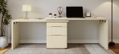 90" Modern L Shaped Desk in Natural Wood with 3 Drawers, 360° Wood Rotating Desk, Executive Office Desk, Corner Desk
