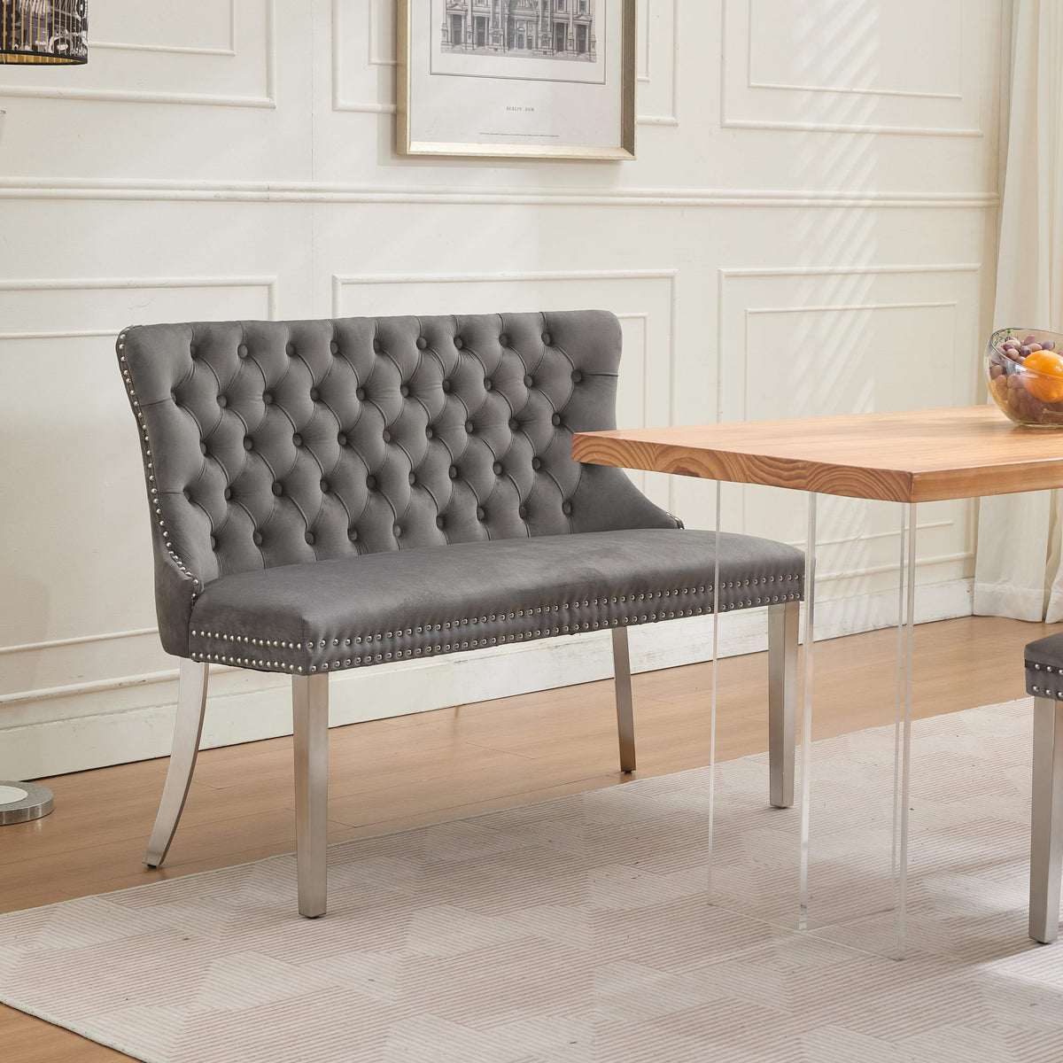 Velvet Double Dining Loveseat Bench, Kitchen & Dining Seating, 2-Seat Tufted Bench w/Handmade Buttons, Wing Back