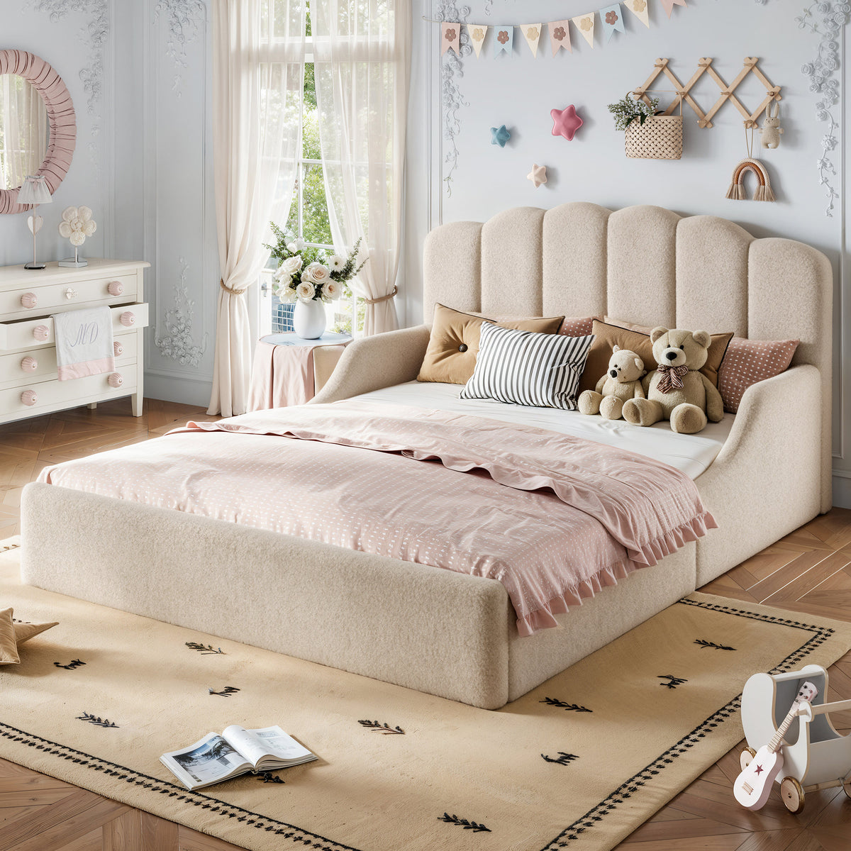 Queen Teddy Fabric Upholstered Floor bed, Stylish Upholstered Kids bed, Low Profile Children Bed Frame, Soft Plush Upholstered Floor bed for Kids &Teens.Beige