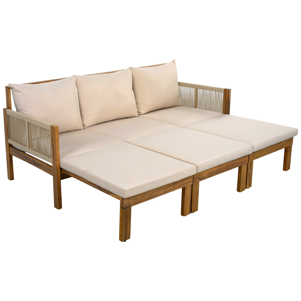 Outdoor Daybed Patio Sofa Bed 3 Seat Patio Sunbed Outdoor Sleeper Sofa Outdoor Couch for Patio, Backyard, Pool(Old SKU:N719Z000220D), Natural Wood+Brown Cushion