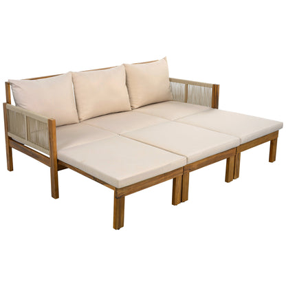 Outdoor Daybed Patio Sofa Bed 3 Seat Patio Sunbed Outdoor Sleeper Sofa Outdoor Couch for Patio, Backyard, Pool(Old SKU:N719Z000220D), Natural Wood+Brown Cushion