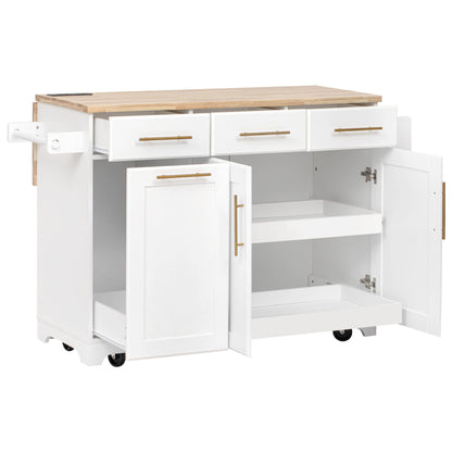 K&K 59.3" Kitchen Island with Storage 2 Pull Out Cabinet Organizers & Rubber Wood Drop Leaf, Rolling Kitchen Island with Trash Can Storage