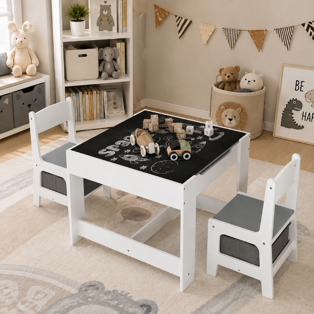 Kids Table and Chair Set, 3-in-1 Wooden Activity Table with Storage Drawer for Toddlers Drawing, Reading, Crafts, 2-in-1 Detachable Top in White+Gray MDF