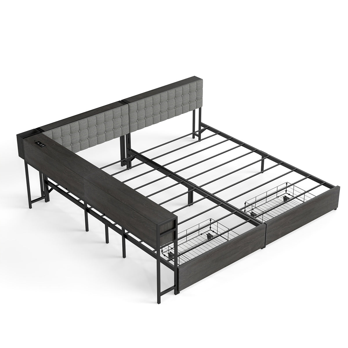 Upholstered Twin Bed Frame for 2 Kids with Storage Bookcase Divider,Charging Station ,Drawers and LED,Metal Platform Beds for Shared Bedroom