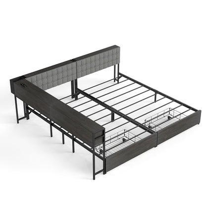 Upholstered Twin Bed Frame for 2 Kids with Storage Bookcase Divider,Charging Station ,Drawers and LED,Metal Platform Beds for Shared Bedroom