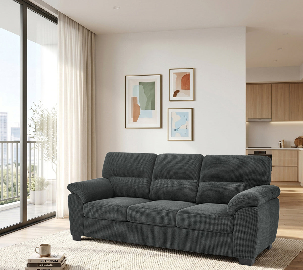 3-Seater Sofa, Dark Gray Upholstered Couch, Modern Living Room Furniture, Textured Fabric Sofa, Minimalist Settee, Comfortable Armchair, Sturdy Frame Sofa