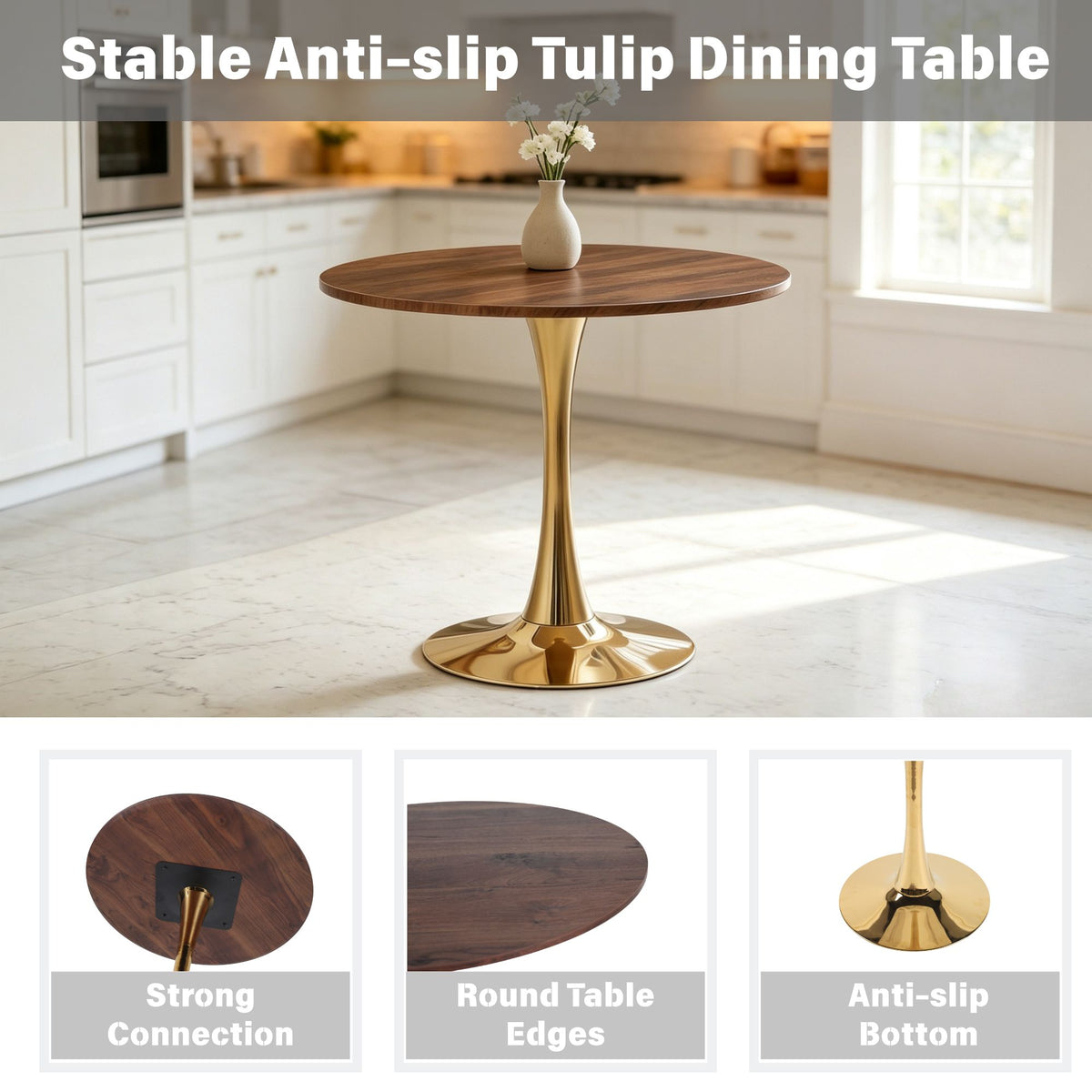 Mid-Century Tulip Table with Golden Legs and Walnut-Color MDF Top for 2-4 People, Round Pedestal Dining Table, Coffee Table, End Table