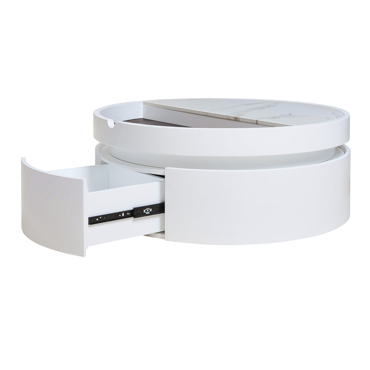 White Round Lift Coffee Table with 1 Drawer in 29.5', Marble Veneer and Wood Grain Tabletop