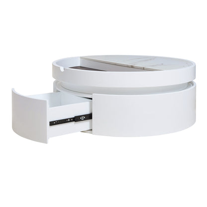 White Round Lift Coffee Table with 1 Drawer in 29.5', Marble Veneer and Wood Grain Tabletop