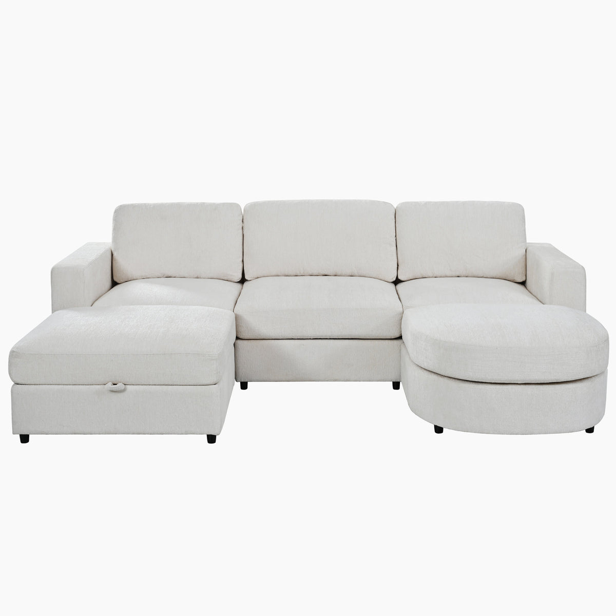 U-Style 102.4" U Shaped Sectional Sofa, Chenille Modular Couch with Curved Ottoman & Storage Ottoman, 3 Seater Sofa with Drop Down Console and 2 Cup Holders, Solid Pine Wood Frame for Living Room