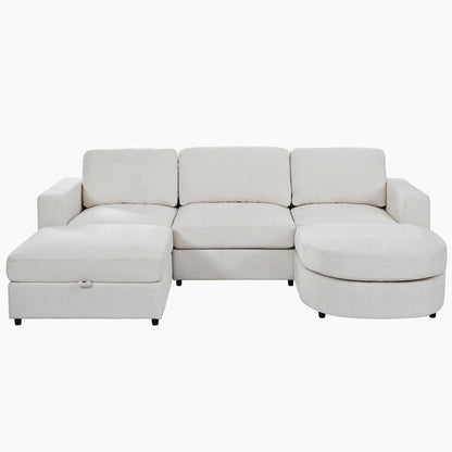 U-Style 102.4" U Shaped Sectional Sofa, Chenille Modular Couch with Curved Ottoman & Storage Ottoman, 3 Seater Sofa with Drop Down Console and 2 Cup Holders, Solid Pine Wood Frame for Living Room