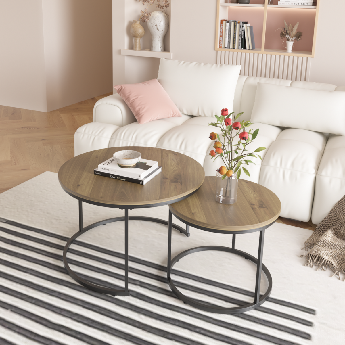 Nesting Coffee Table Set of 2, 27.6inch Round Industrial Wood Finish with Sturdy Metal Frame