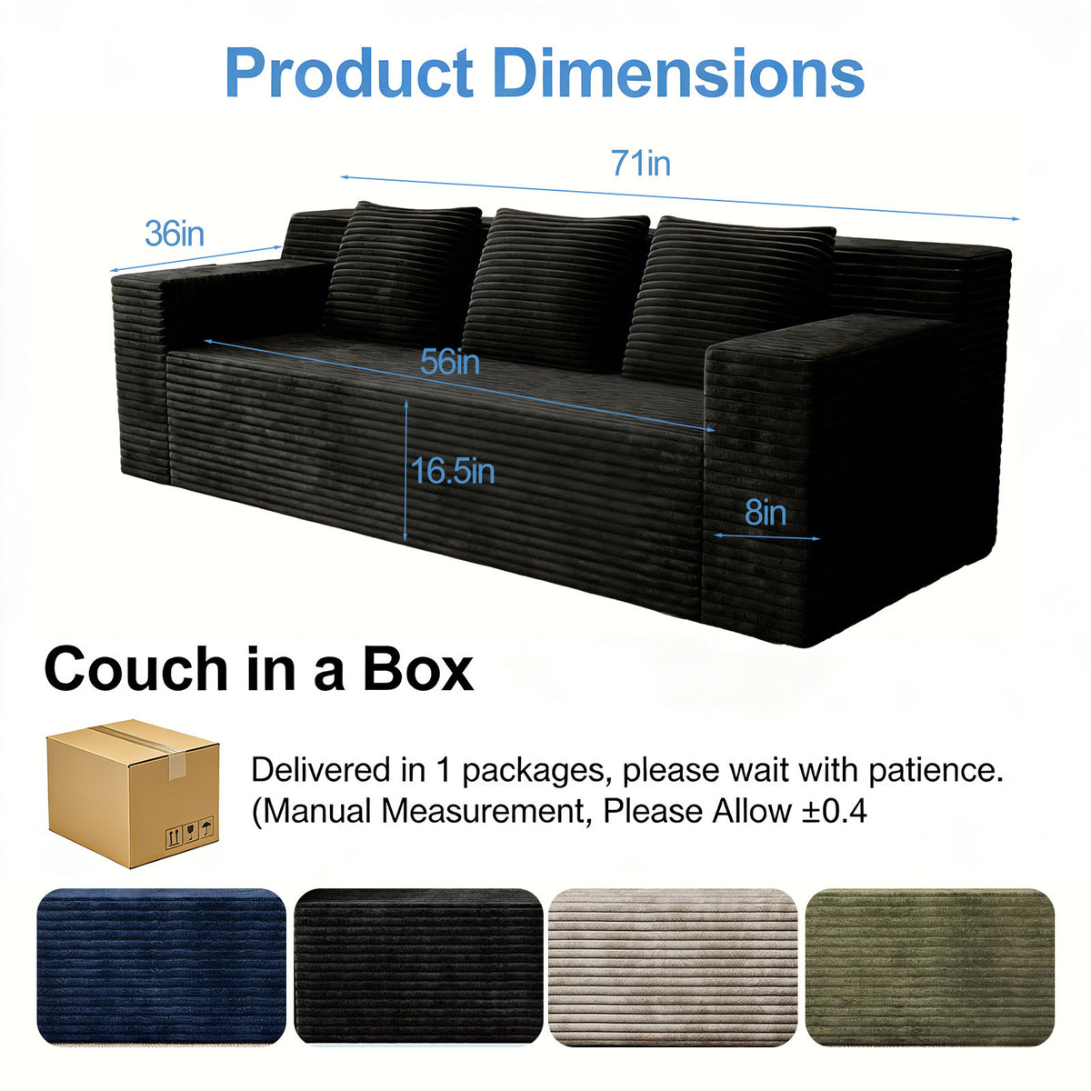 71" 3Setaser Sofa,Corduroy Fabric,Deep Seat Couches,Comfy Loveseat Sofa,No Assembly,1pcs for Living room, Bedroom,Conference room ,Apartment