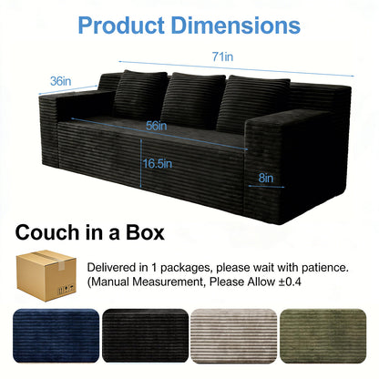 71" 3Setaser Sofa,Corduroy Fabric,Deep Seat Couches,Comfy Loveseat Sofa,No Assembly,1pcs for Living room, Bedroom,Conference room ,Apartment