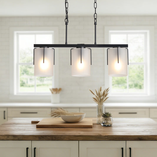 Minimalist 3-Light Linear Chandelier, Matte Black Pendant Lighting with Frosted Glass Shades, E26 Base Adjustable Ceiling Fixture